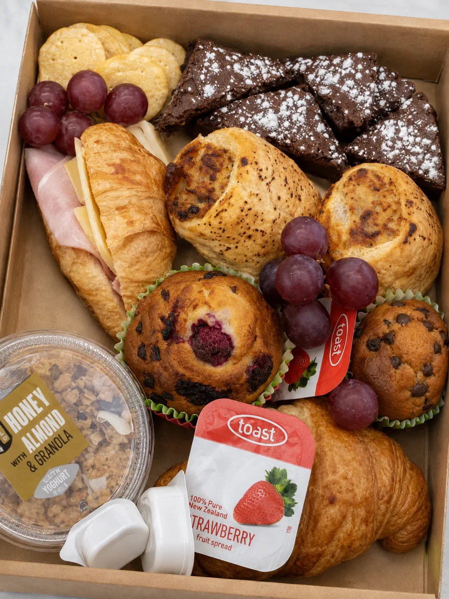 A takeaway box filled with croissants, muffins and brownie slices